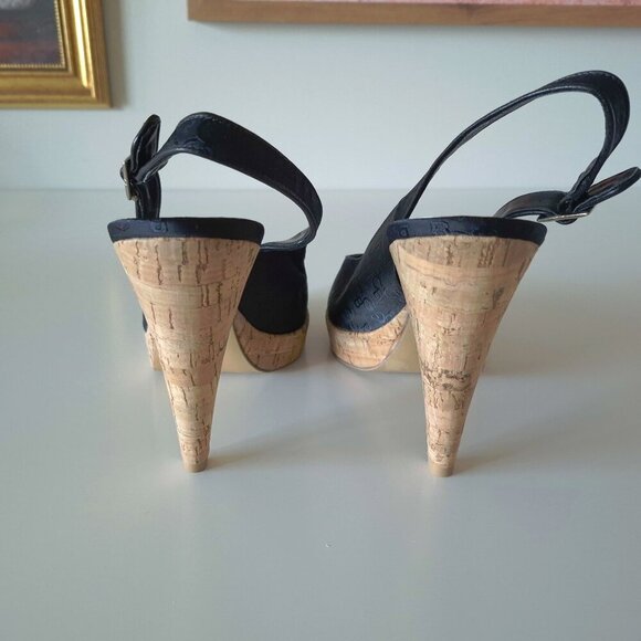NWOT BCBGirls black logo textile & cork heeled platform sandal, US 10 - Picture 9 of 13